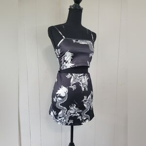 Small Oriental Dragon Print Black & White Cropped Tank & Skirt Coord